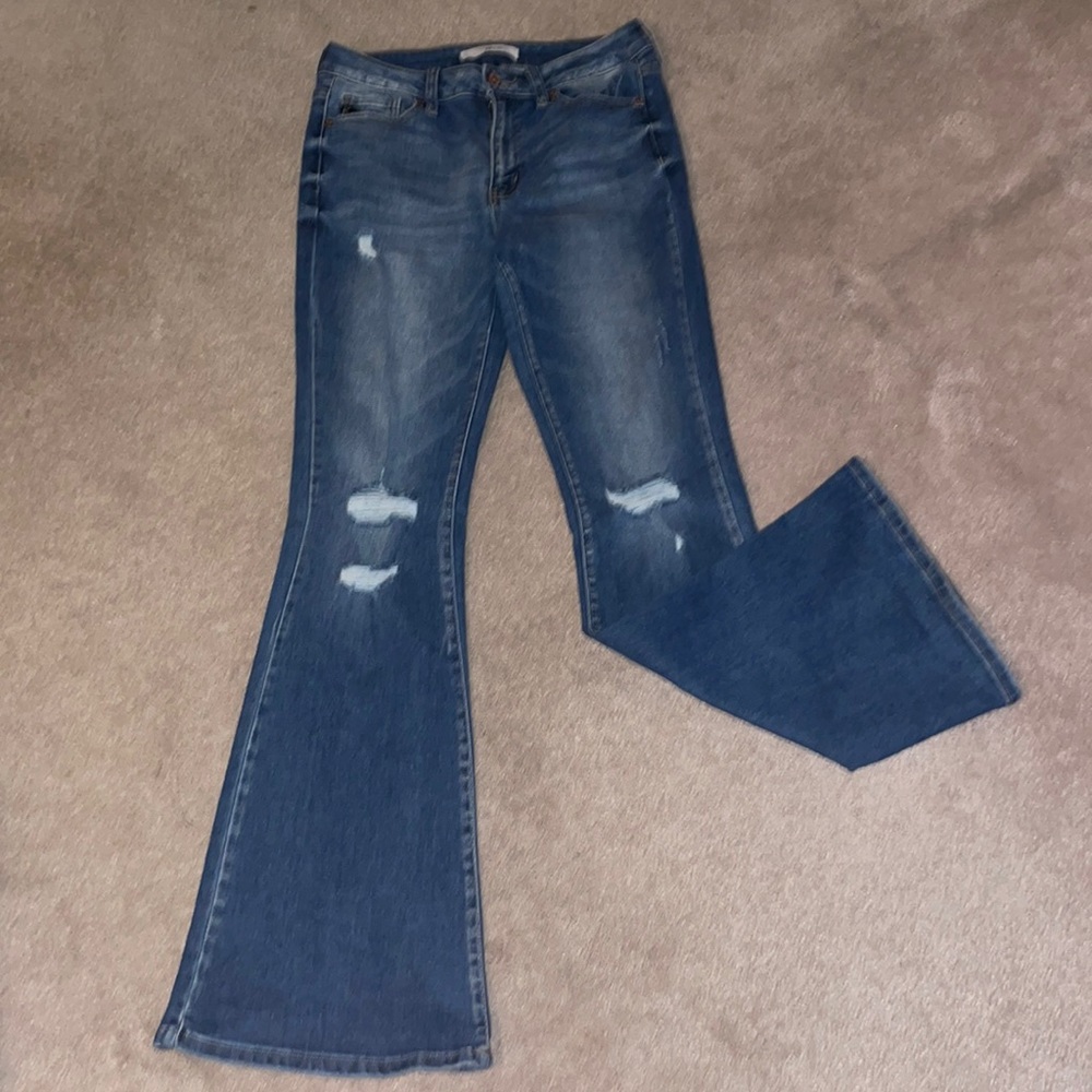 Kancan Odie High Rise Flare Jeans medium wash distressed size 28